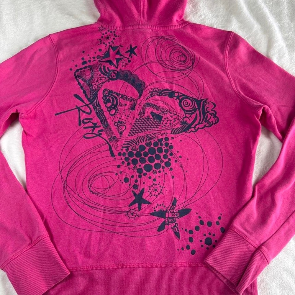 Roxy 2009 pink teal graphic full zip hooded sweater y2k vintage grunge skater - Picture 2 of 8